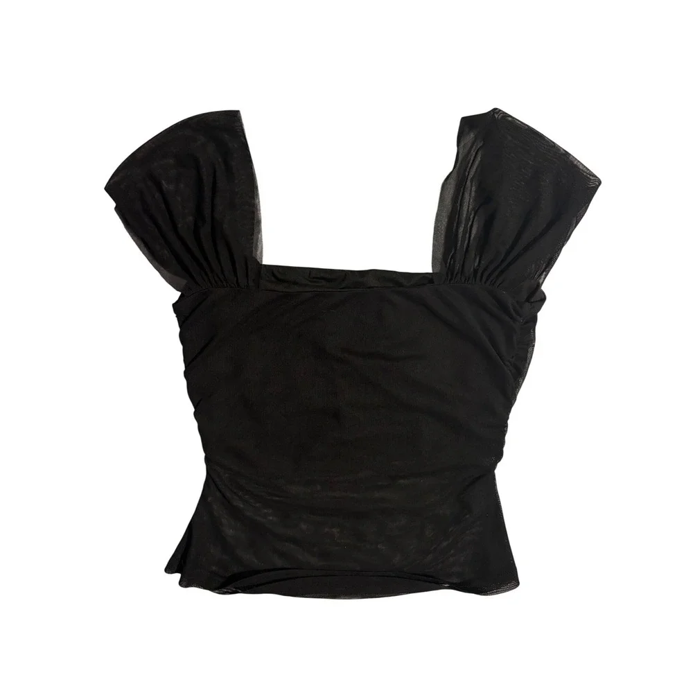 Tiger Mist Black Mesh Ruched Cap Sleeve Halter Square Neck Top Womens M Emo Goth - Picture 8 of 8